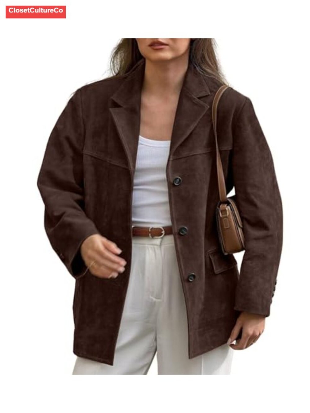 Faux Suede Blazer Jacket Notched Lapel Single Breasted Faux Suede Leather